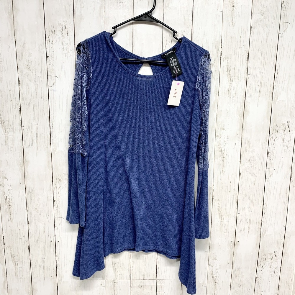 Premise Sweater Women Medium Navy Blue Ribbed Contrast Lace Sleeve Blouse Boho